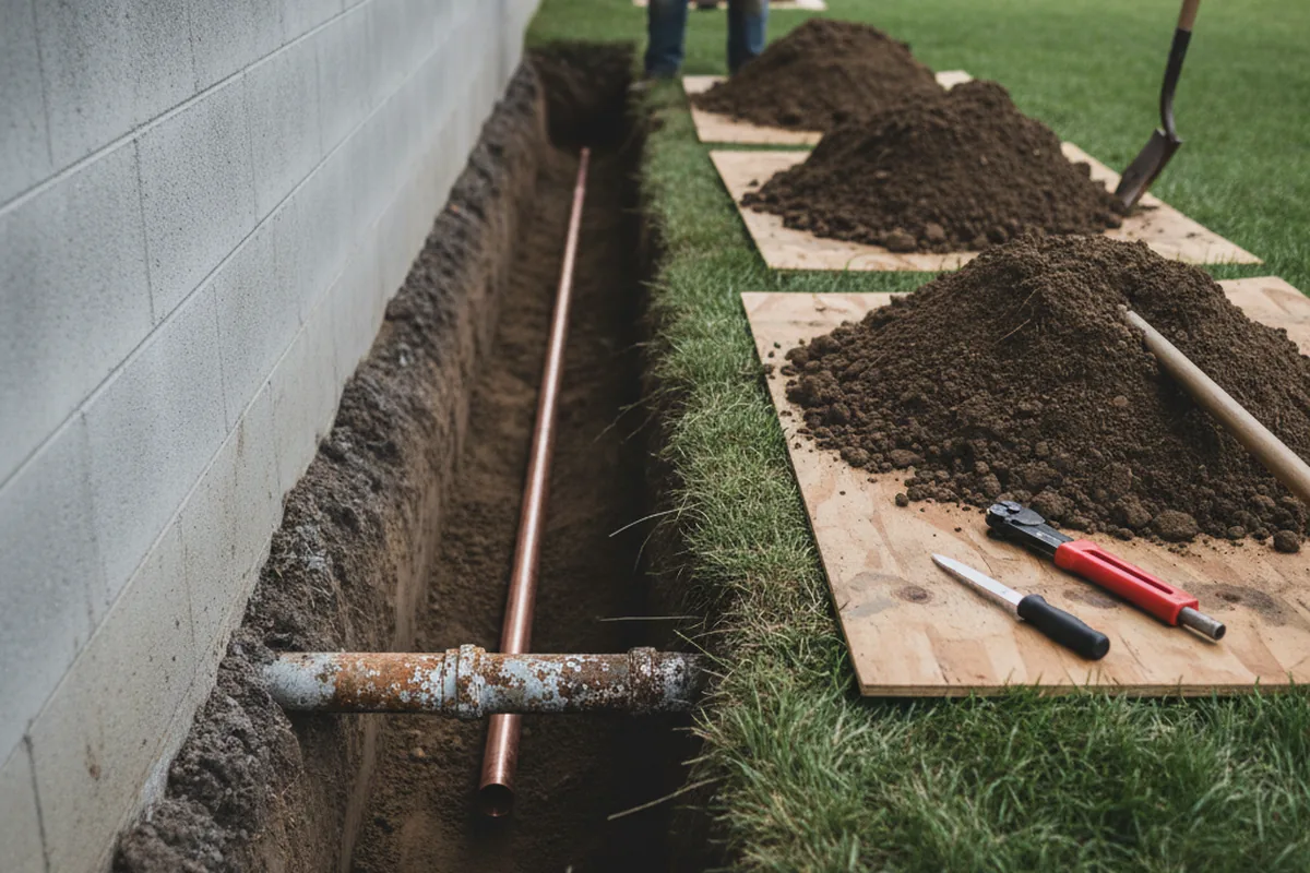 Excavated water line trench during Water Heater Repair in Maunaloa